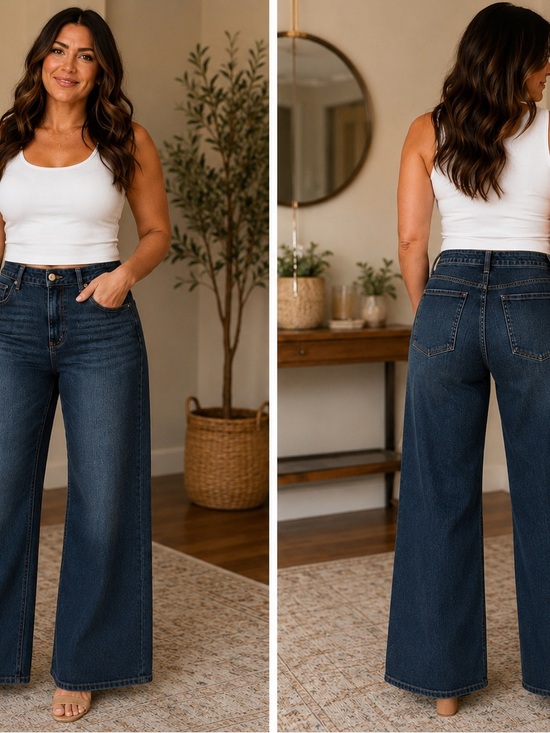 Oat New York Denim - High-Rise Wide Leg Women's Jeans in Dark Blue